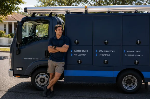 Plumber standing beside a service van in Killarney Heights