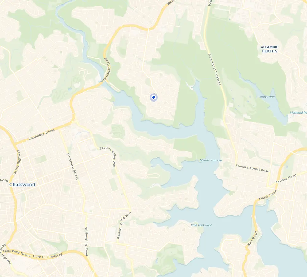 Map of the Killarney Heights service area and the surrounding Northern Beaches, showing Killarney Heights and the nearby streets we cover.