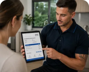 Plumber showing a Killarney Heights customer the quote on a tablet